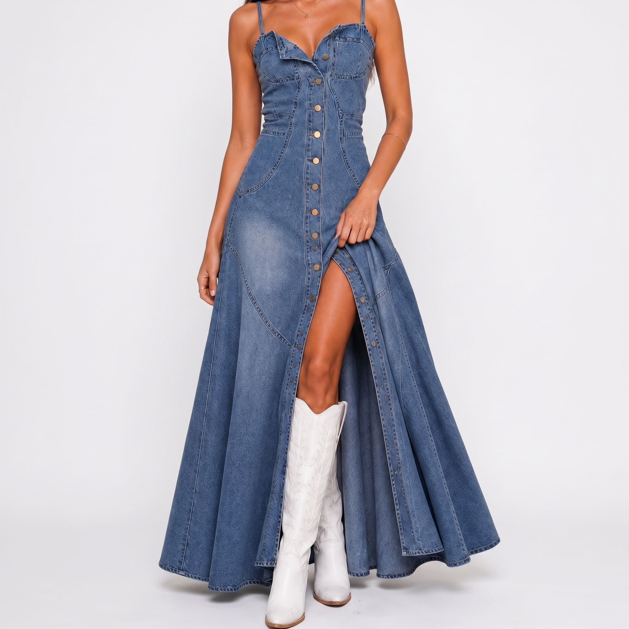 Stylish Button-Front Denim Maxi Dress, Blue / XL