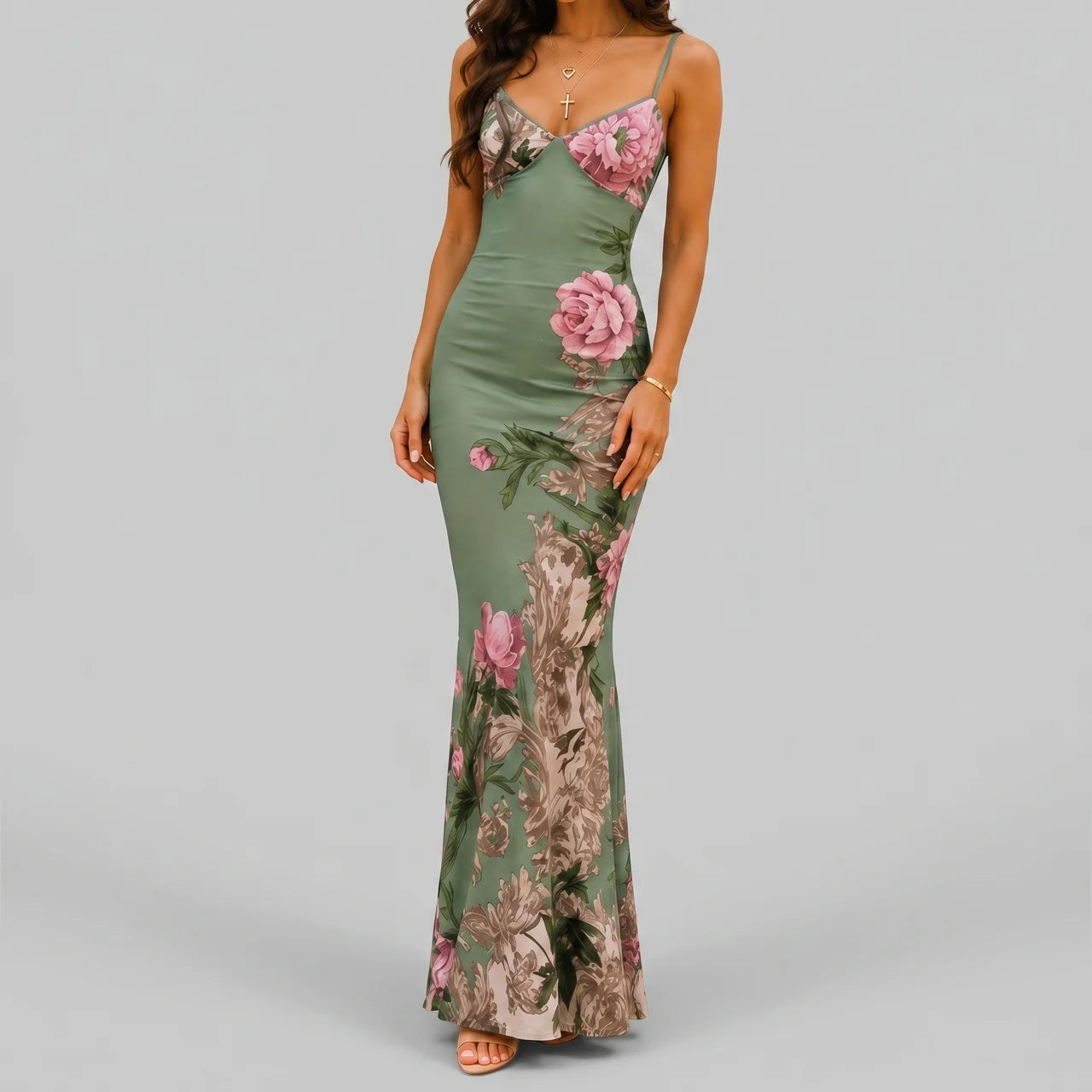 Fitted Bodycon Flourishing Maxi Dress, Green / L