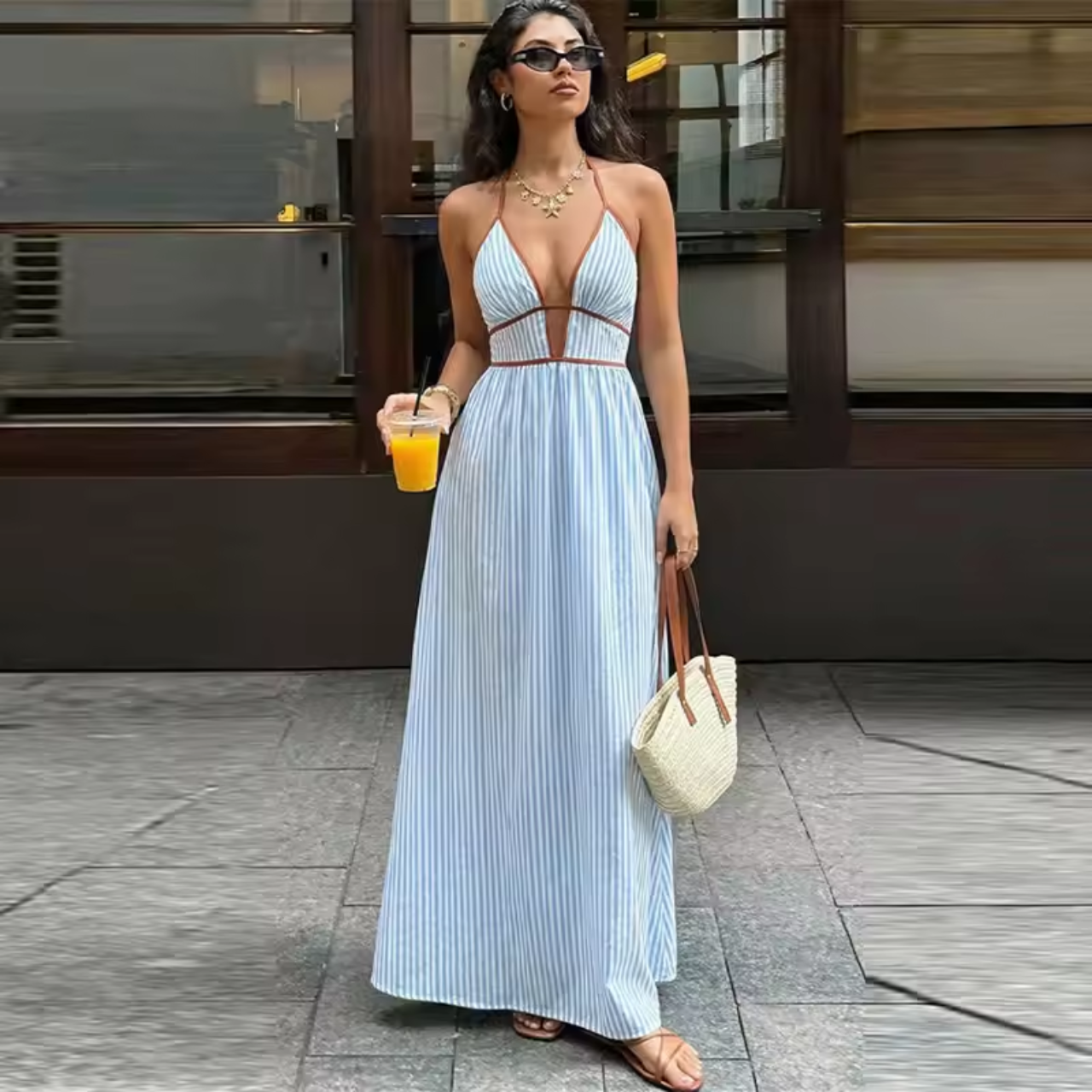 Talia Blue Striped Halter Maxi Dress