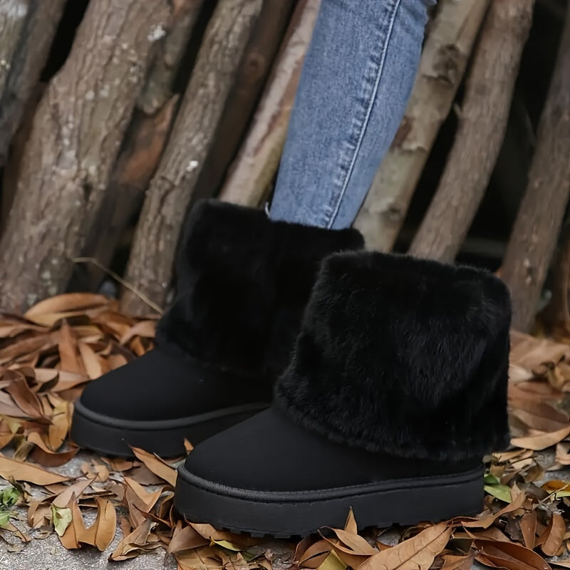 Loretta Faux Suede Platform Winter Boots Faux Fur Cuff Round Toe - Black