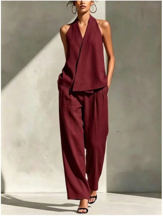 Priscilla Two-Piece Set V-Neck Wide-Leg