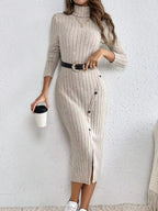 Isabel Ribbed Knit Midi Dress Mock Neck Side-Button Slit