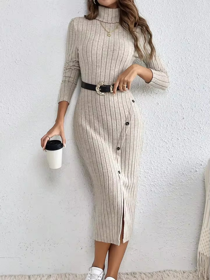 Isabel Ribbed Knit Midi Dress Mock Neck Side-Button Slit