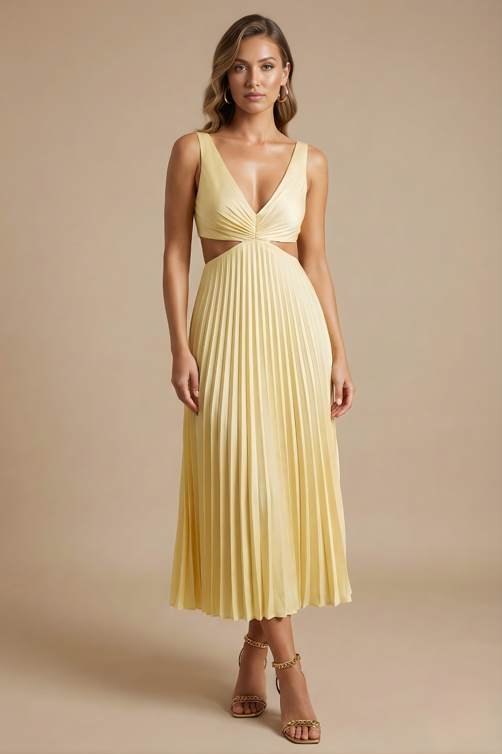 Elena Midi Dress Pleated V-Neck Sleeveless