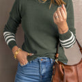 Lydia Ribbed Crewneck Sweater Striped Cuffs Relaxed Fit - Green