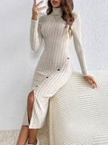 Isabel Ribbed Knit Midi Dress Mock Neck Side-Button Slit