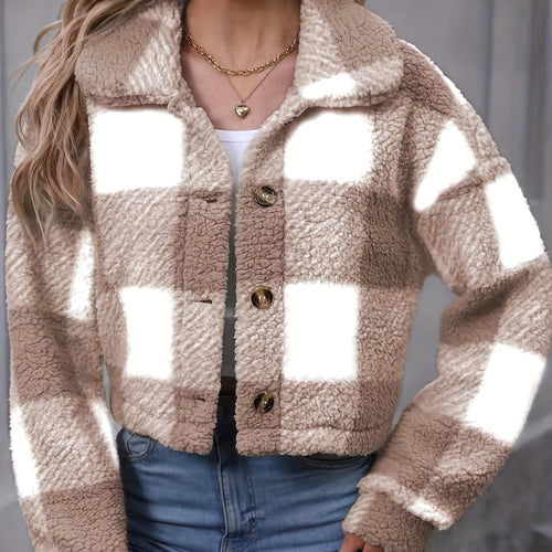 Alyssa Cropped Plaid Teddy Jacket Button-Front Spread Collar - Khaki