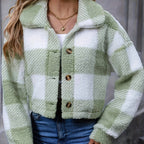 Alyssa Cropped Plaid Teddy Jacket Button-Front Spread Collar - Green