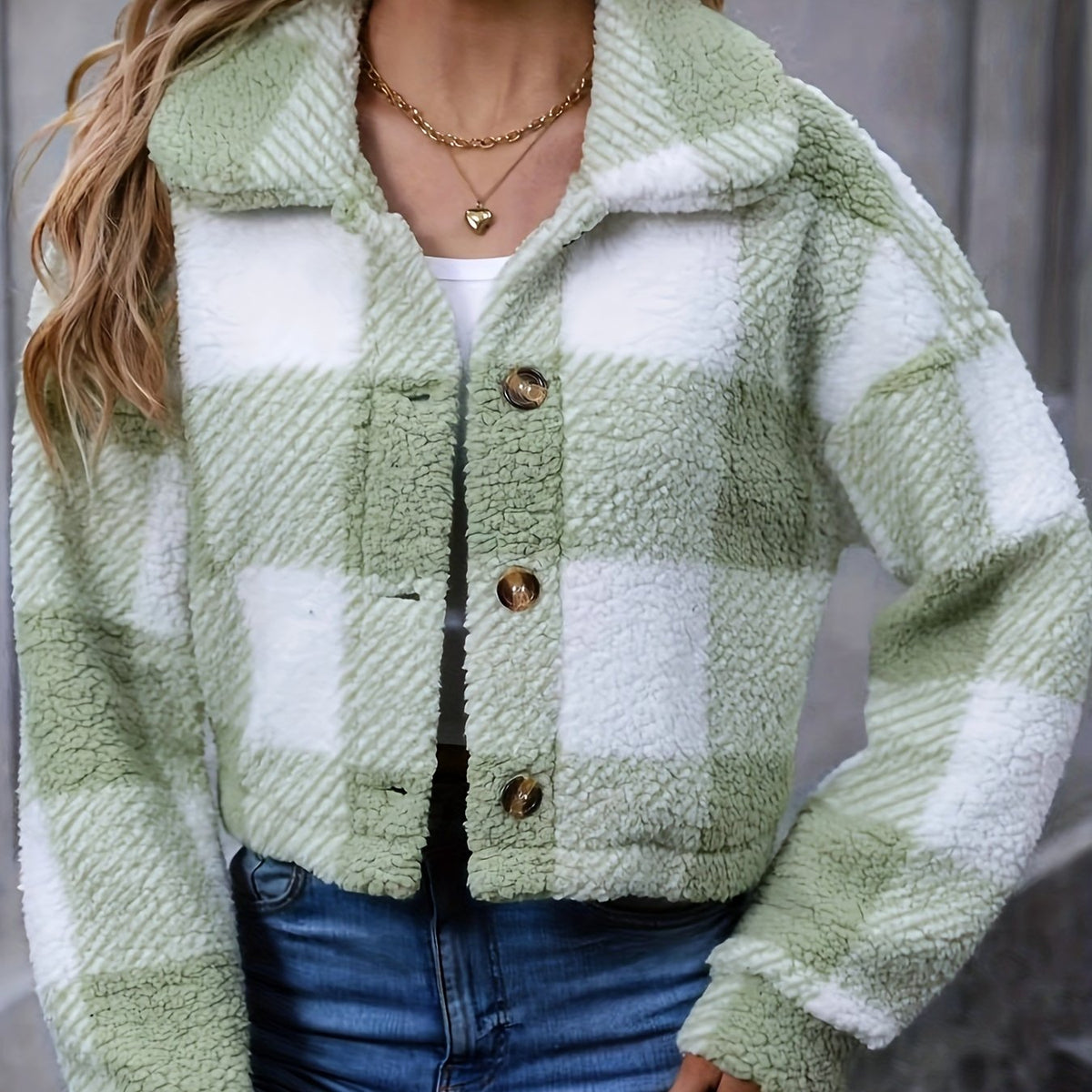 Alyssa Cropped Plaid Teddy Jacket Button-Front Spread Collar - Green