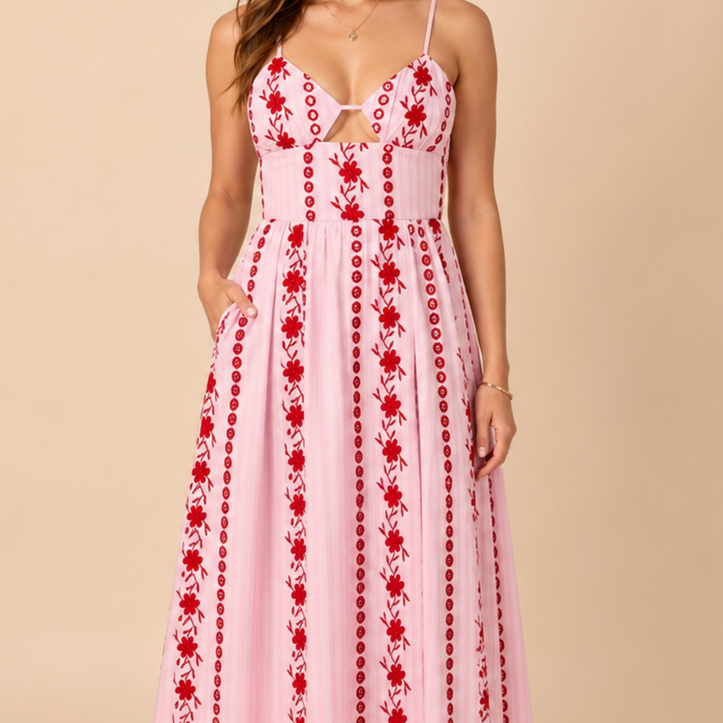 Adaline sleeveless shirt dress in red, close-up detail view, designed by Bella Hudson