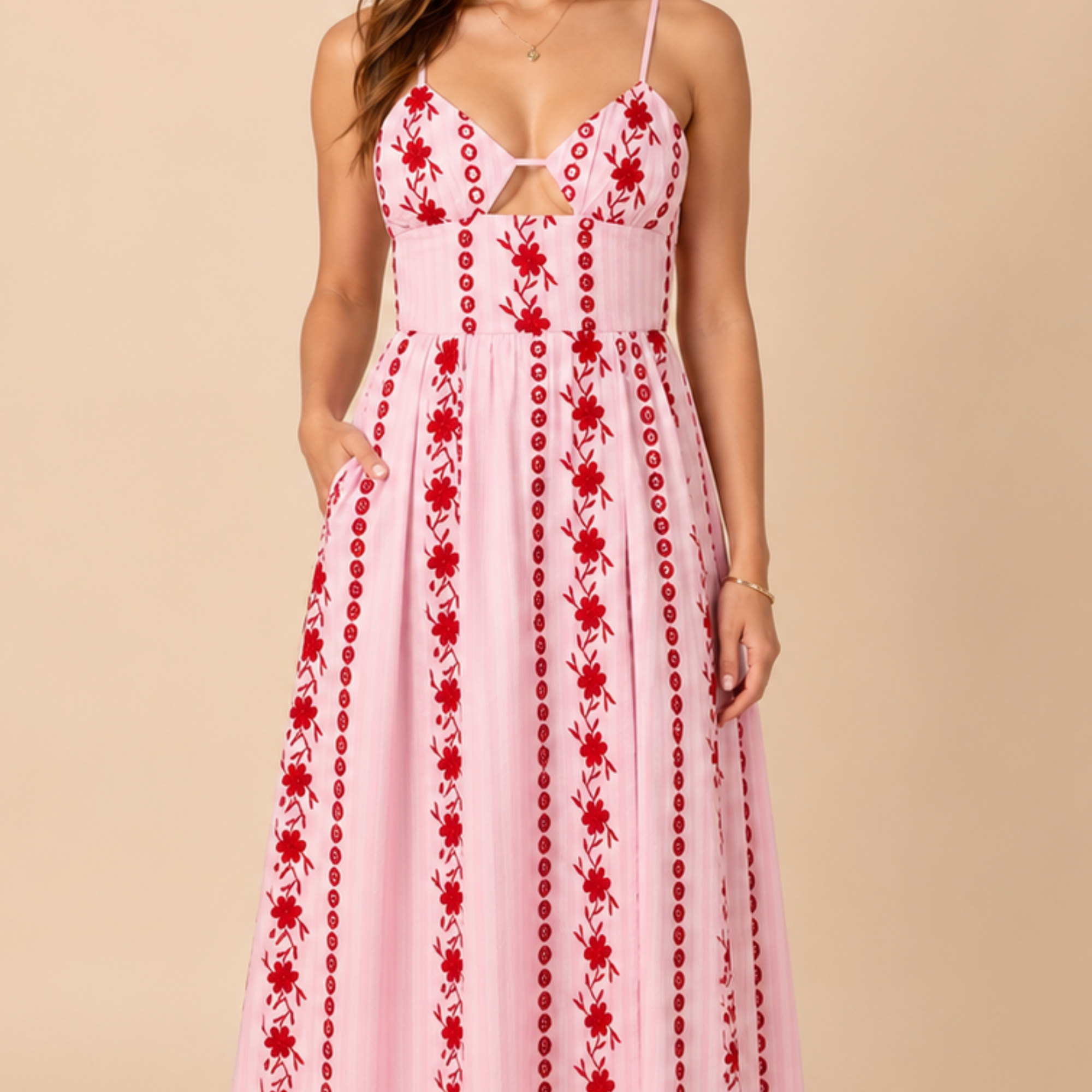 Adaline sleeveless shirt dress in red, close-up detail view, designed by Bella Hudson