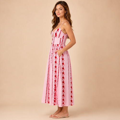 Adaline sleeveless shirt dress in red, side view, designed by Bella Hudson