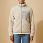 Front view of the beige Amélie Sherpa-Fleece Stand-Collar Jacket for Women featuring a contrast chest panel, stand collar, and full zip.