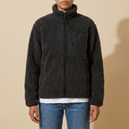 Front view of the black Amélie Sherpa-Fleece Stand-Collar Jacket for Women featuring a zip chest pocket, full front zip, and plush texture.
