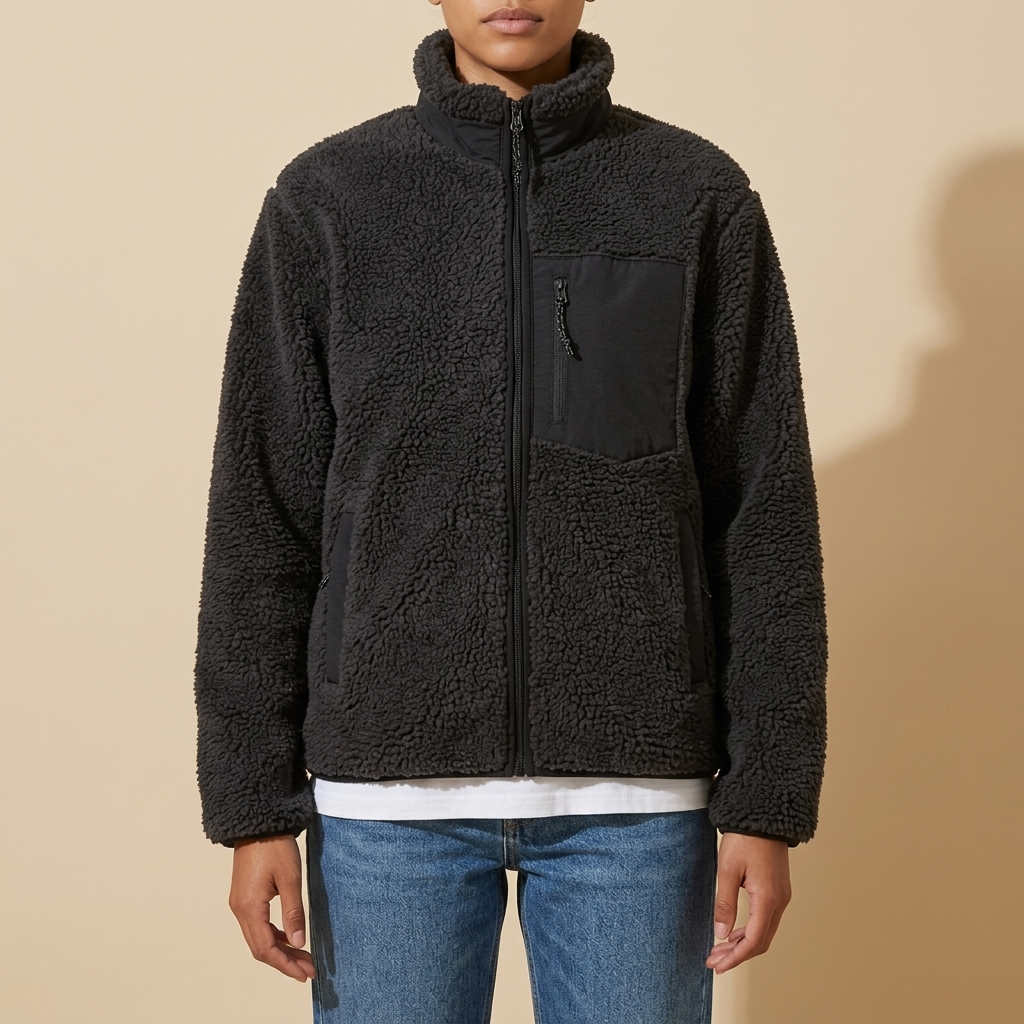 Front view of the black Amélie Sherpa-Fleece Stand-Collar Jacket for Women featuring a zip chest pocket, full front zip, and plush texture.