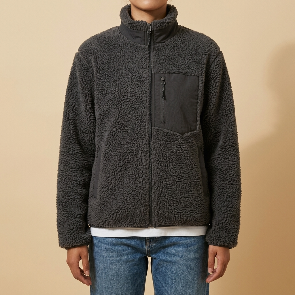 Front view of the charcoal Amélie Sherpa-Fleece Stand-Collar Jacket for Women featuring a zip chest pocket, long sleeves, and plush texture.