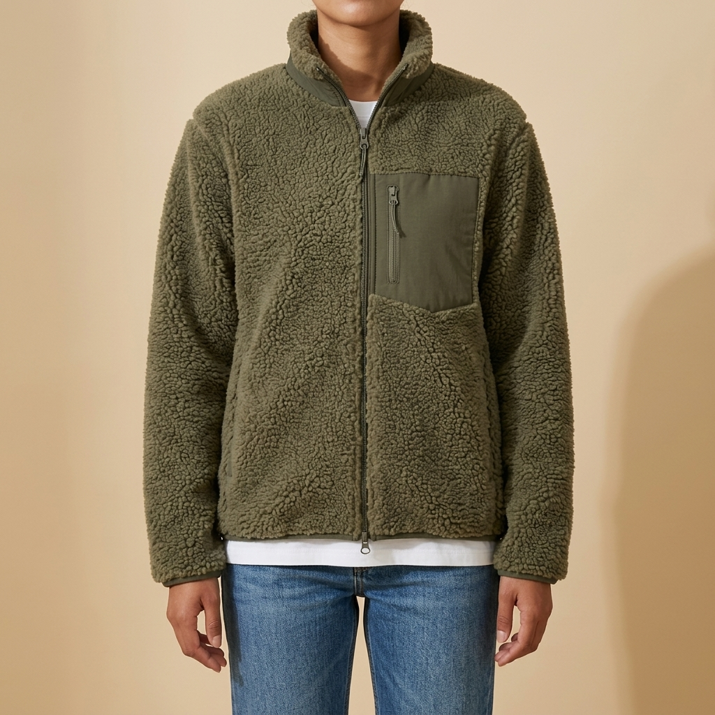 Front view of the olive green Amélie Sherpa-Fleece Stand-Collar Jacket for Women featuring a stand collar, full zip, and plush fleece texture.