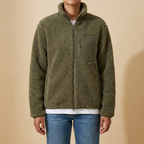 Front view of the olive green Amélie Sherpa-Fleece Stand-Collar Jacket for Women featuring a stand collar, full zip, and plush fleece texture.