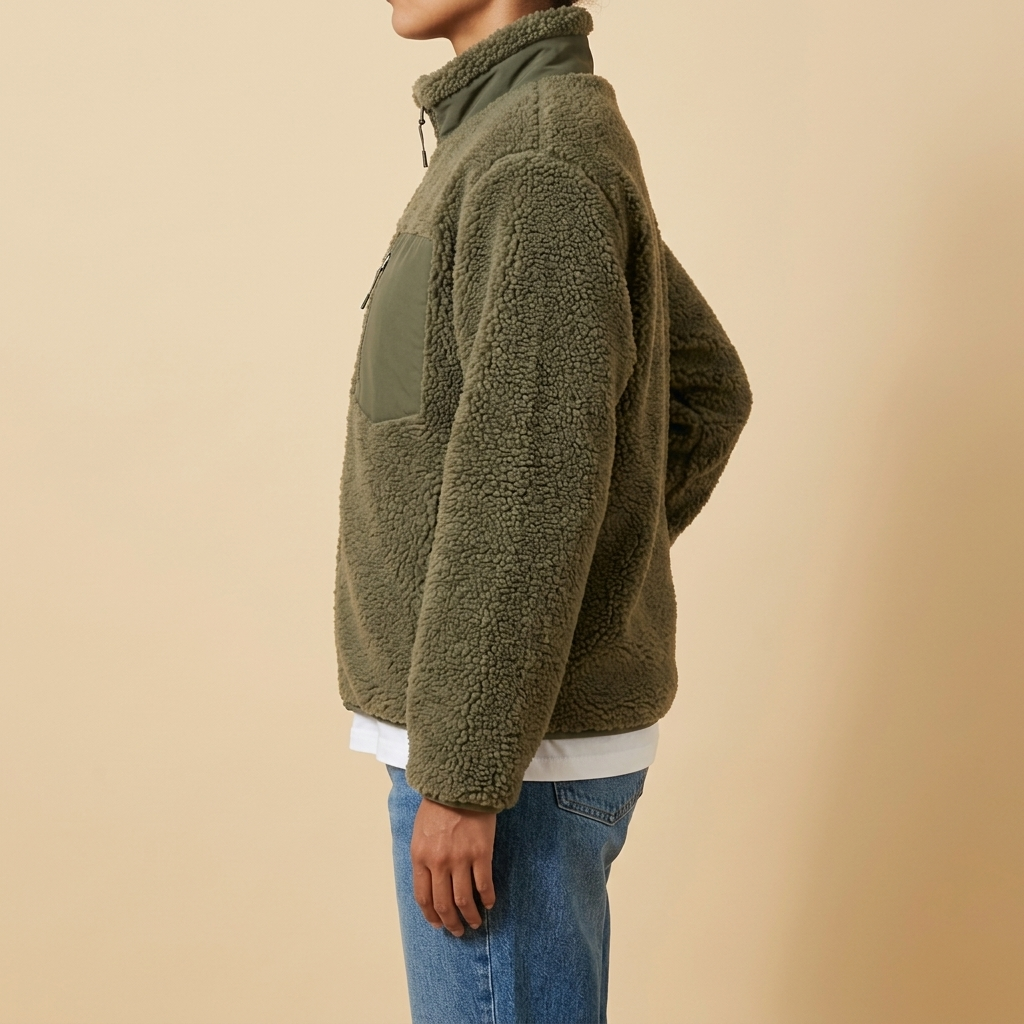 Side view of the olive green Amélie Sherpa-Fleece Stand-Collar Jacket for Women featuring a stand collar, full zip, and plush fleece texture.