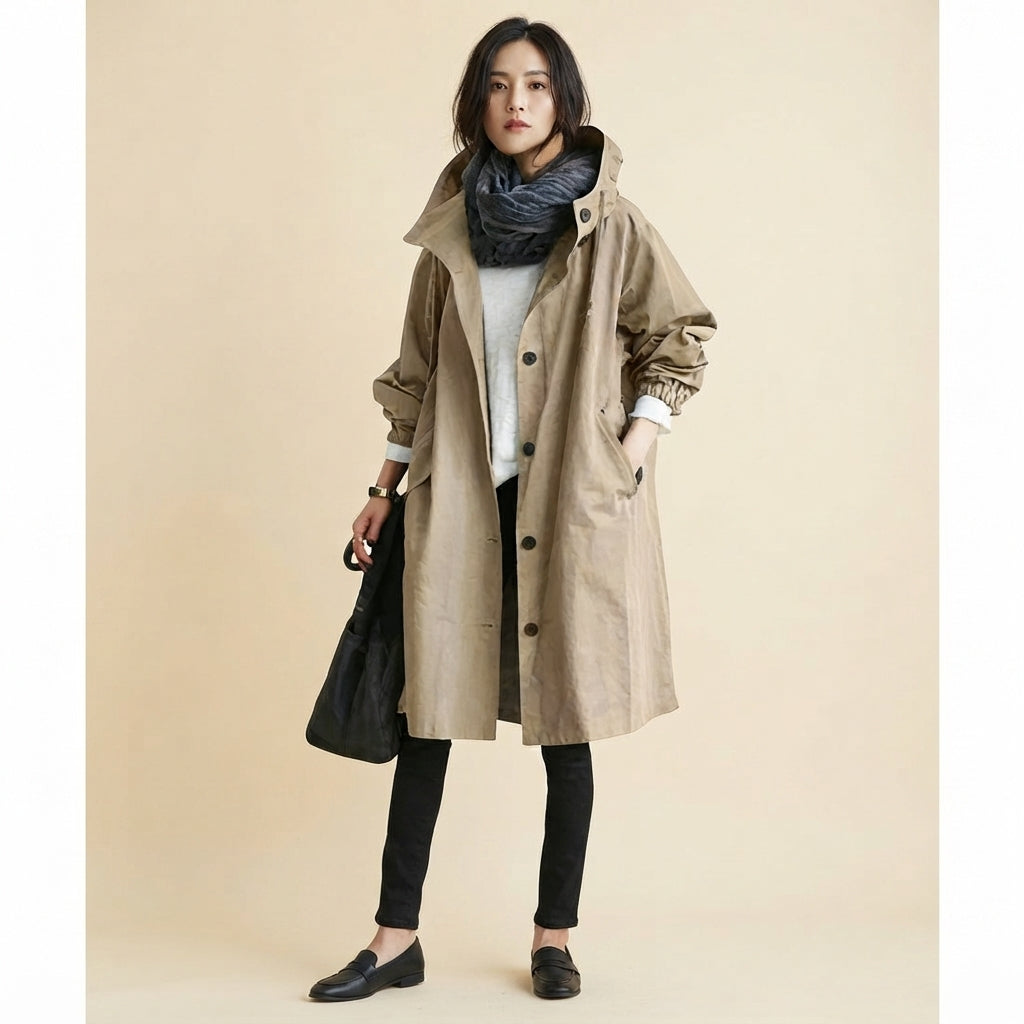 Front view of the Angelika oversized hooded trench coat in beige, featuring a relaxed oversized silhouette, attached hood, long sleeves, and practical front pockets.