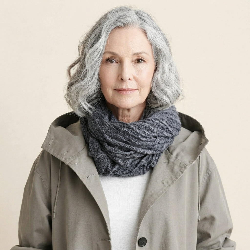 Front close-up view of the Angelika oversized hooded trench coat in grey, highlighting the hood, front design, soft fabric texture, long sleeves, and pocket details.