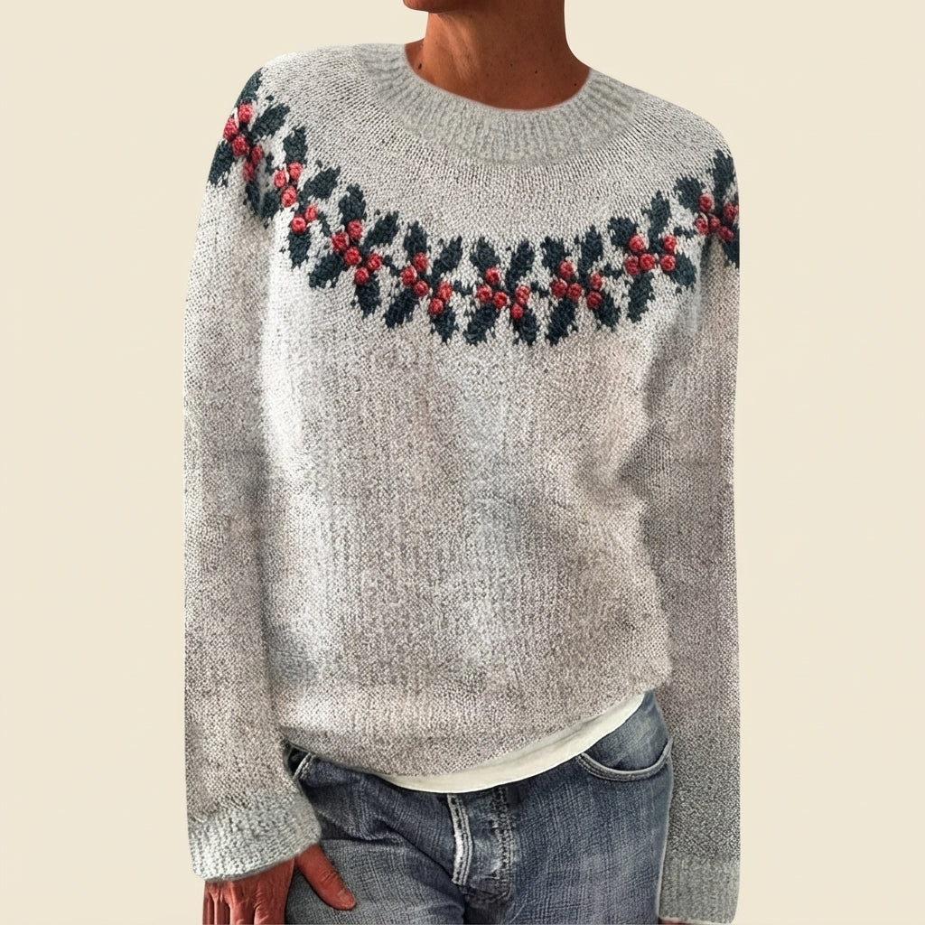 Front view of the gray Béatrix Reindeer-Print Crew-Neck Sweater featuring a festive reindeer print, classic crew neckline, long sleeves, and cozy knit fabric.