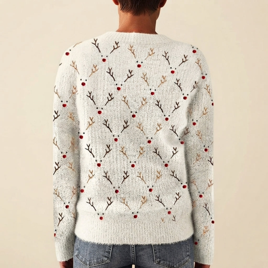 Back view of the white Béatrix Reindeer-Print Crew-Neck Sweater featuring a cozy knit design, long sleeves, and a relaxed fit.