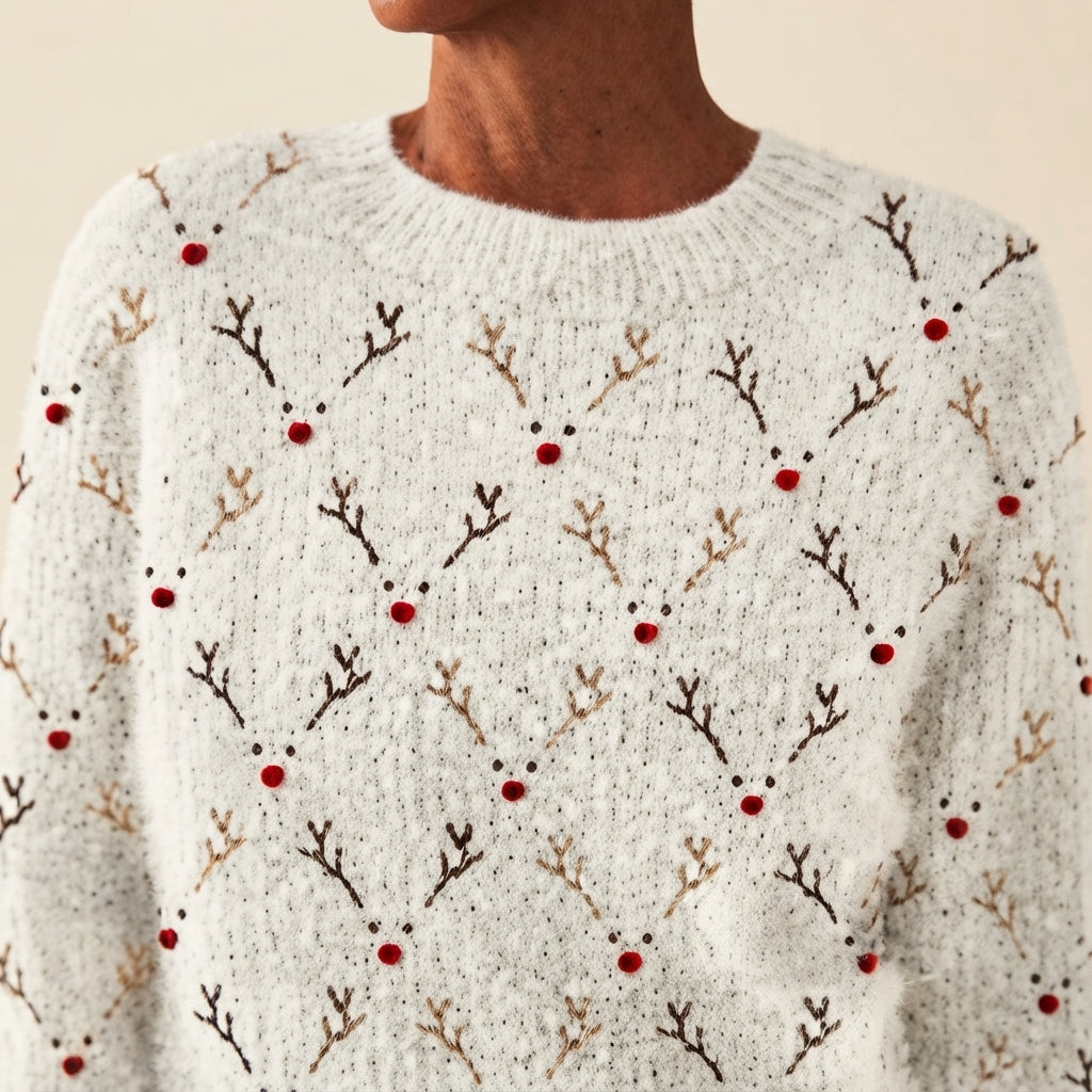 Front close-up of the white Béatrix Reindeer-Print Crew-Neck Sweater highlighting the festive reindeer print, crew neckline, and soft knit texture.