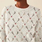 Front close-up of the white Béatrix Reindeer-Print Crew-Neck Sweater highlighting the festive reindeer print, crew neckline, and soft knit texture.