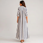 blue striped lightweight maxi dress back view with rolled sleeves BELLA HUDSON