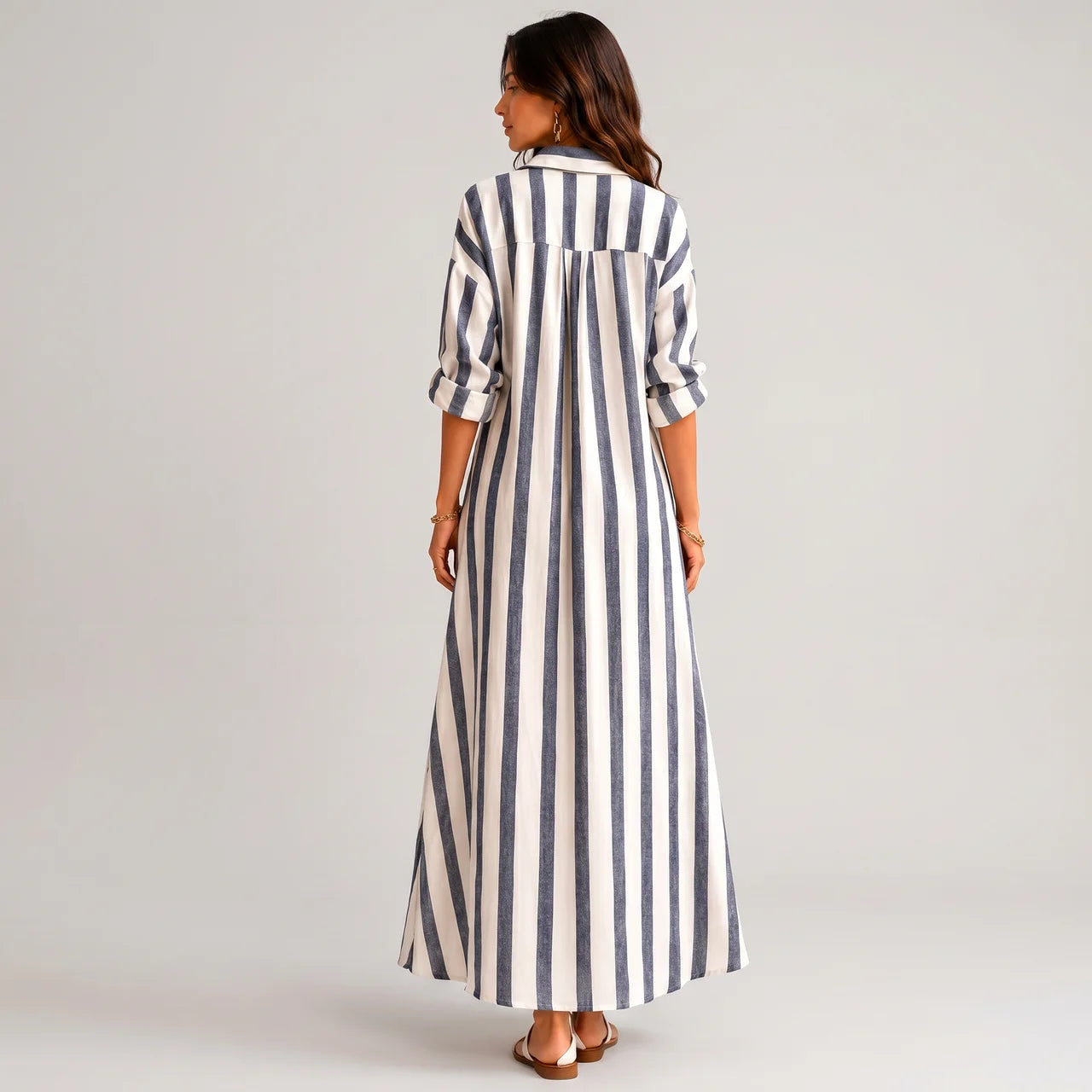 blue striped lightweight maxi dress back view with rolled sleeves BELLA HUDSON