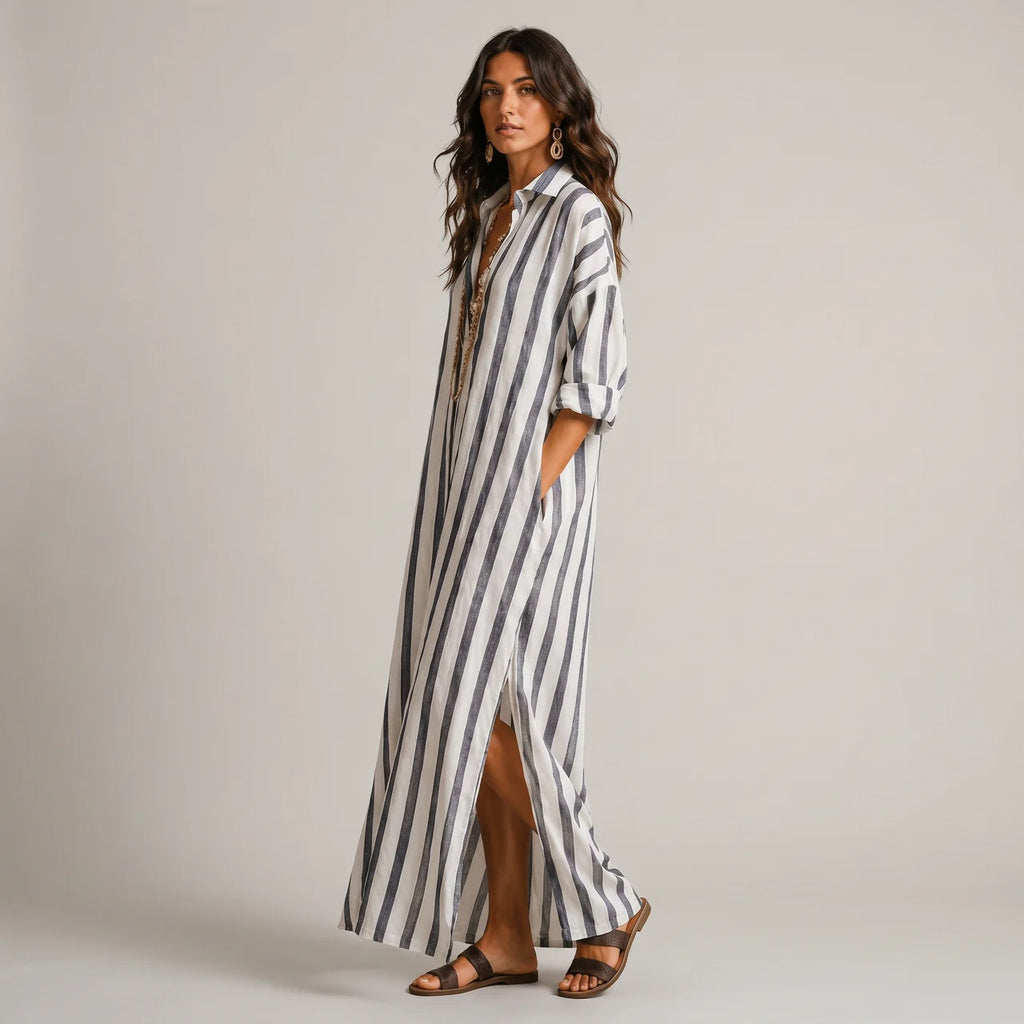 blue striped lightweight maxi dress with rolled sleeves side view BELLA HUDSON