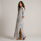 blue striped lightweight maxi dress with rolled sleeves side view BELLA HUDSON