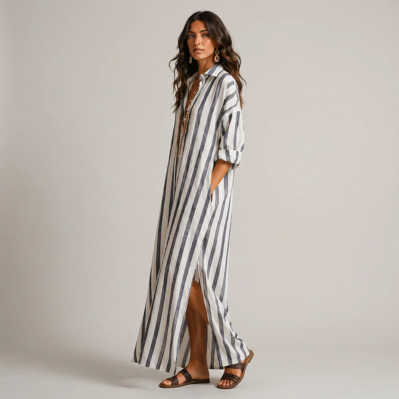 blue striped lightweight maxi dress with rolled sleeves side view BELLA HUDSON