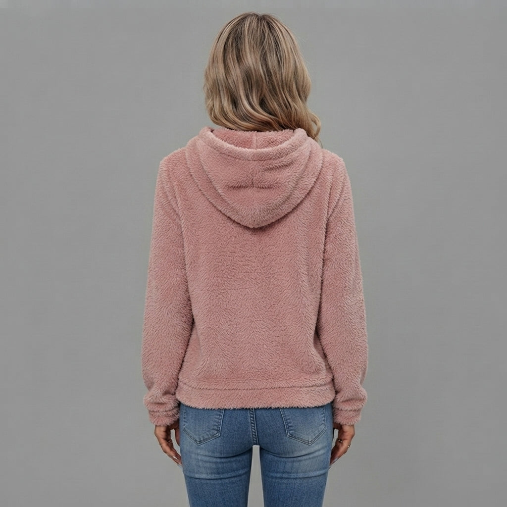 Back view of the Céleste Hoodie Sherpa Drawstring in pink, highlighting the soft sherpa fabric, cozy hood, long sleeves, and relaxed comfortable fit.