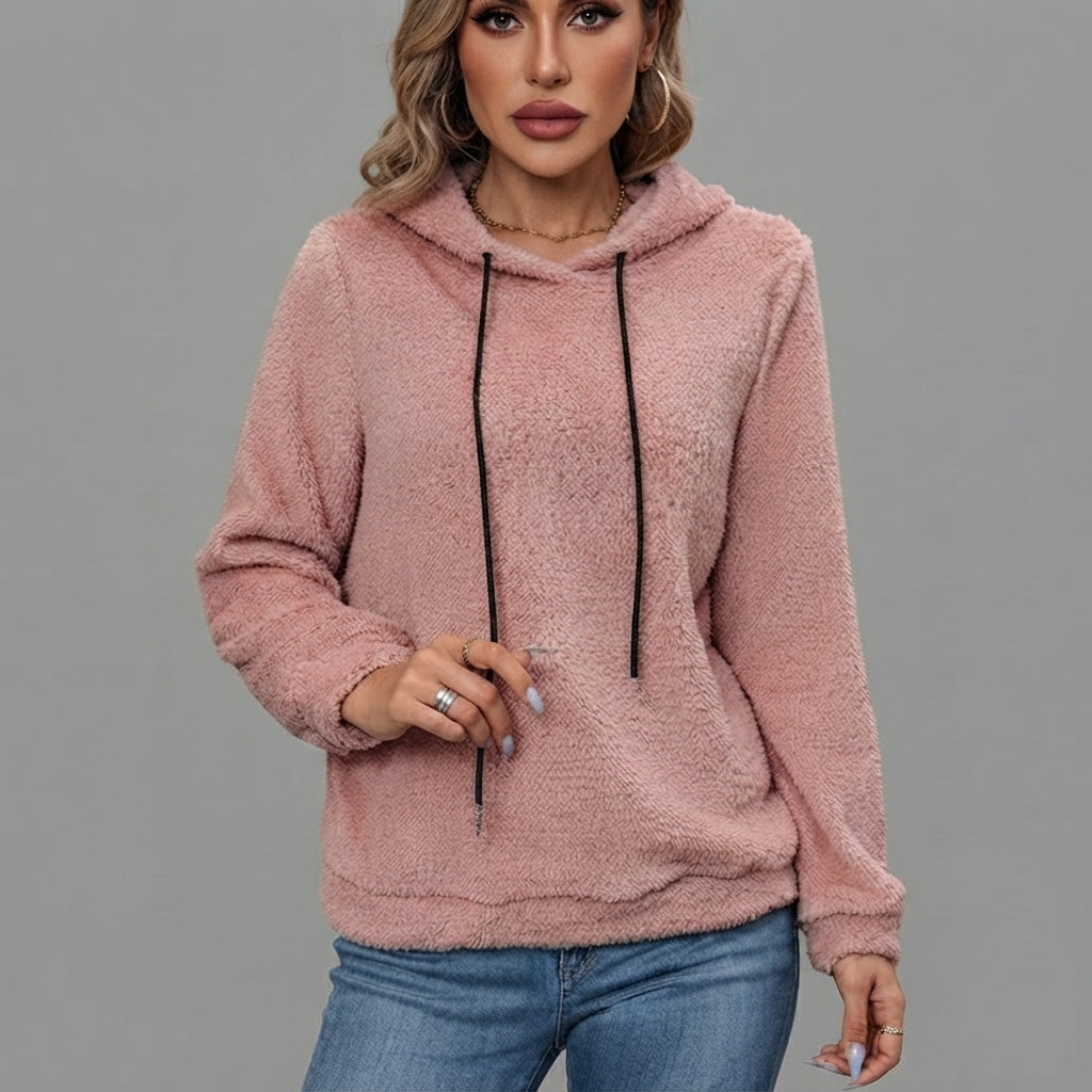 Front view of the Céleste Hoodie Sherpa Drawstring in pink, featuring soft sherpa fabric, a cozy hood, adjustable drawstring, long sleeves, and a relaxed fit.