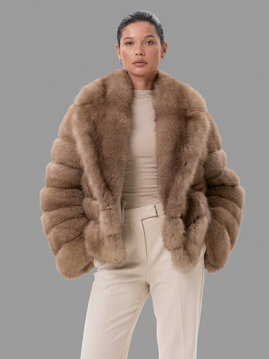 Camel Faux Fur Coat for Women – Warm Plush Winter Jacket