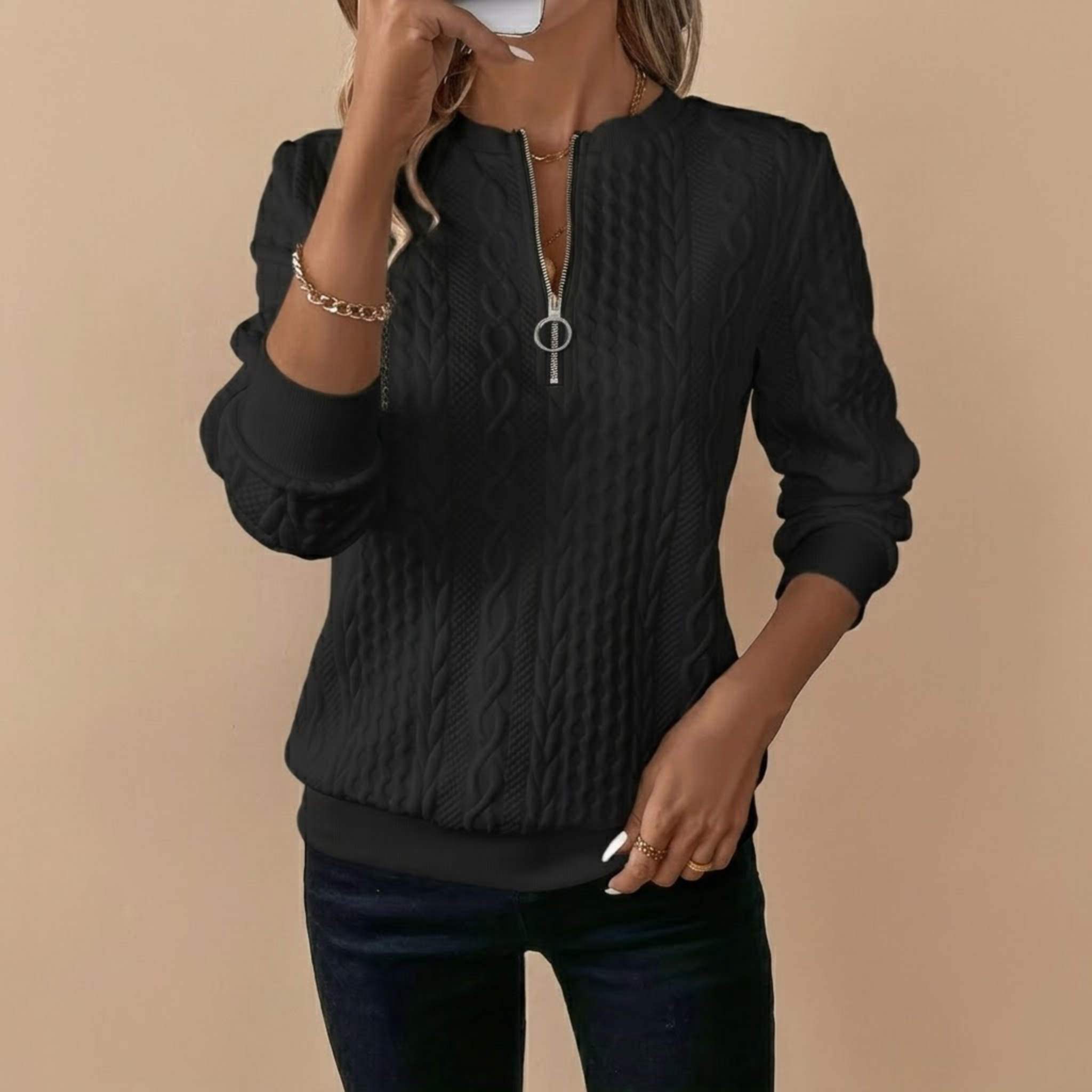 Casual Cable Knit Sweater Black Front View