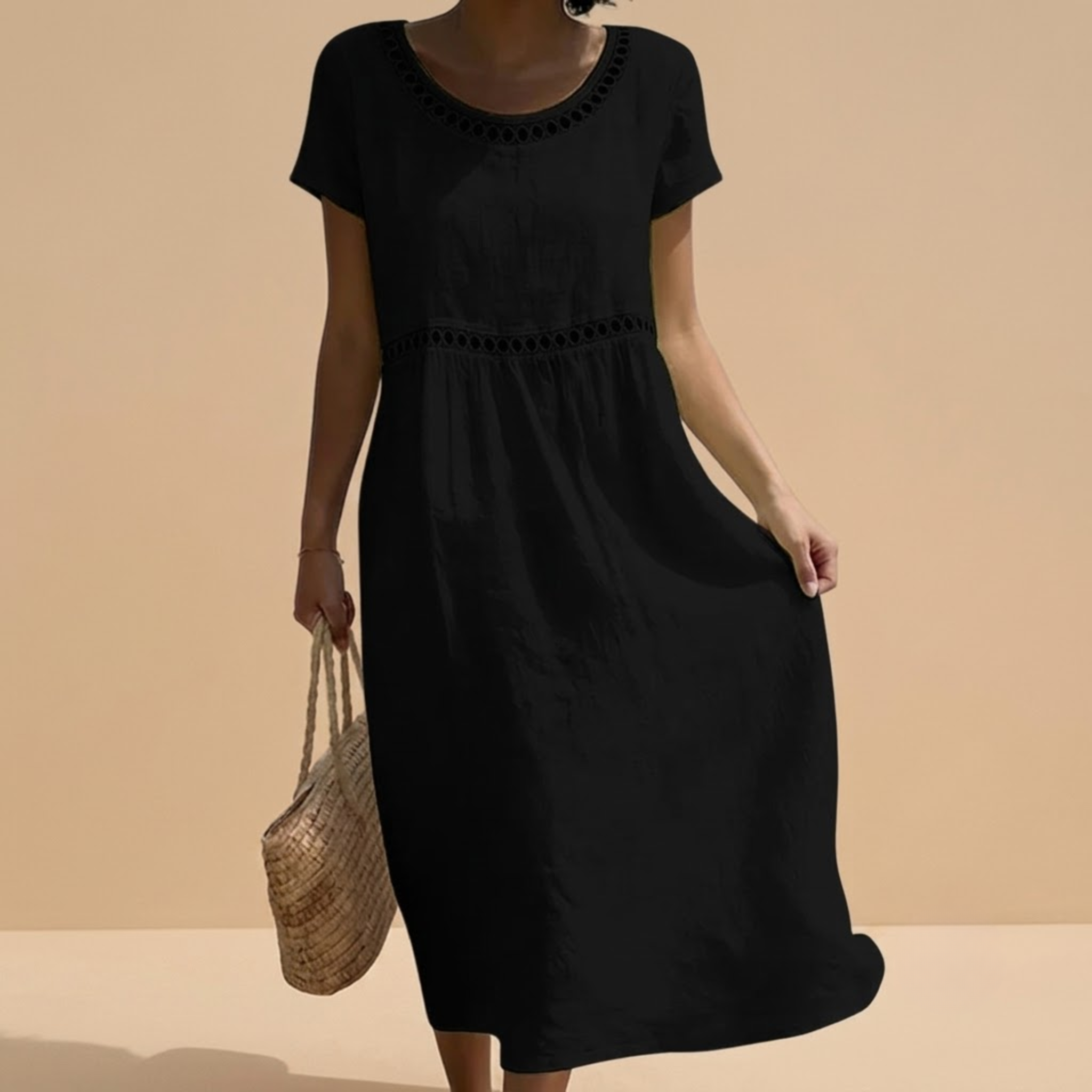 Casual Linen Dress Black Front View