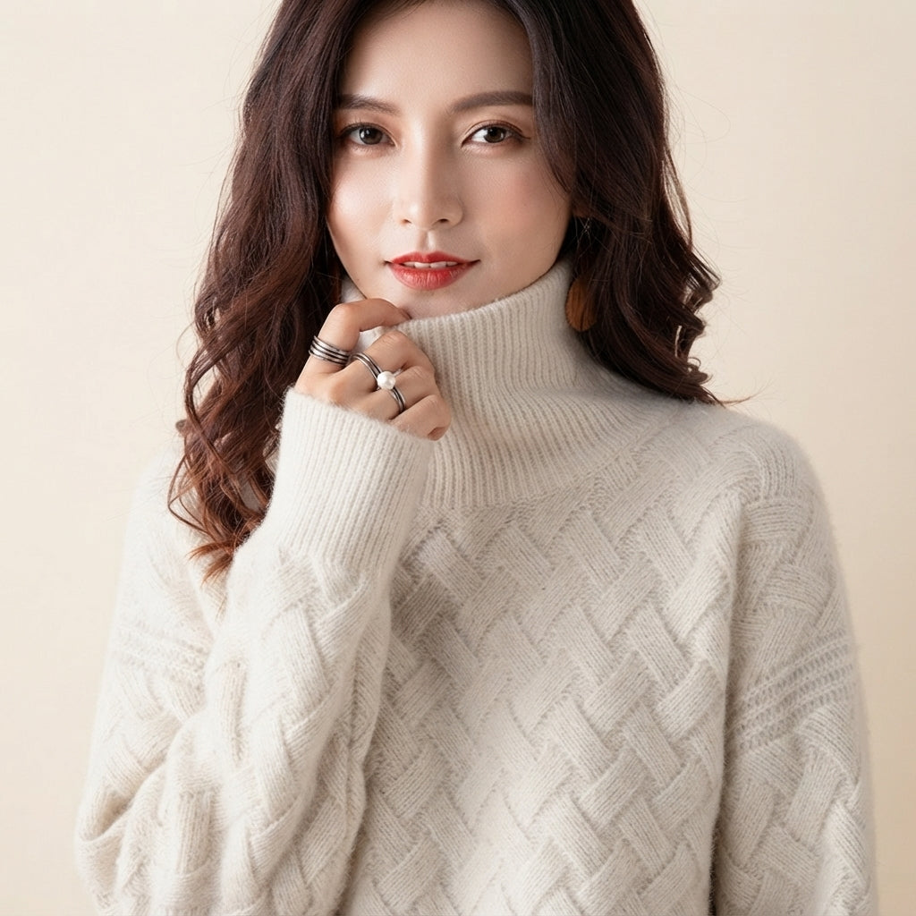 Charlotte Sweater Turtleneck Cable-Knit in cream color, front close-up view, highlighting the cable-knit texture, high turtleneck neckline, and soft cozy knit design.