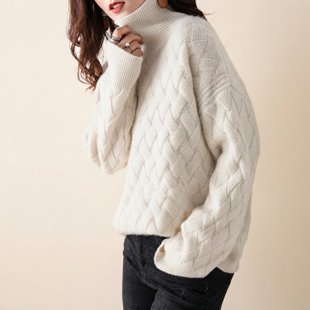 Charlotte Sweater Turtleneck Cable-Knit in cream color, front view, featuring a cozy cable-knit texture, high turtleneck neckline, long sleeves, and relaxed fit.