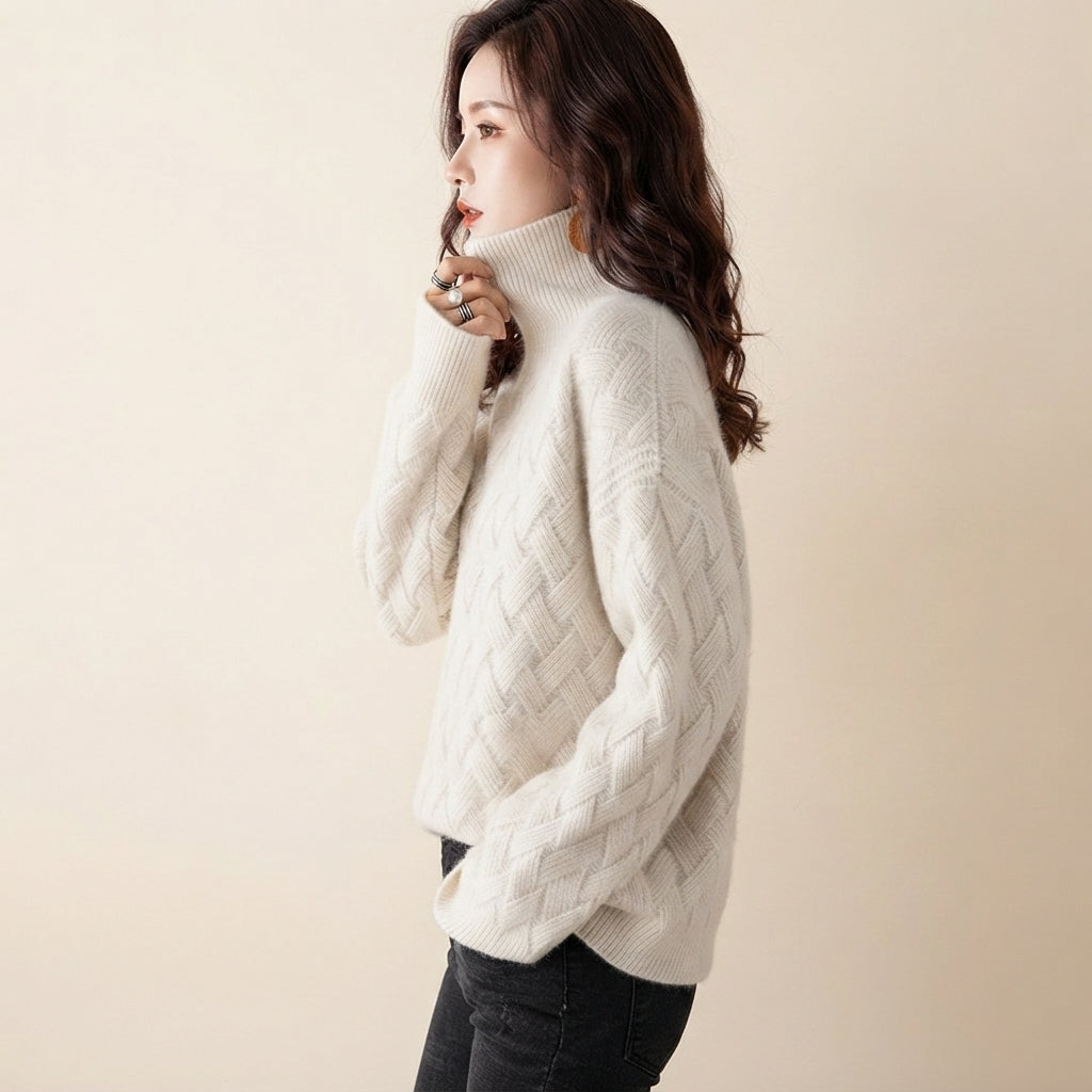 Charlotte Sweater Turtleneck Cable-Knit in cream color, side view, showcasing the cozy cable-knit texture, high turtleneck neckline, long sleeves, and relaxed fit.