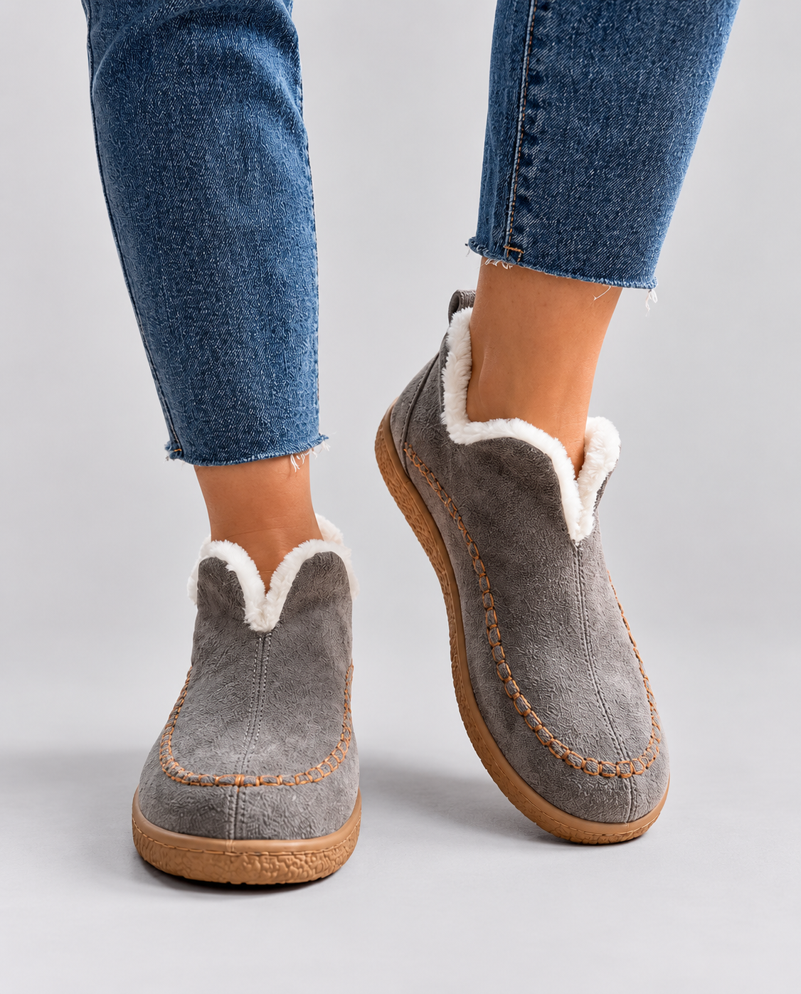Wendy Faux Suede Ankle Boots Faux Fur Collar Moc-Toe Stitching - Gray