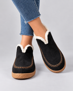 Wendy Faux Suede Ankle Boots Faux Fur Collar Moc-Toe Stitching - Black