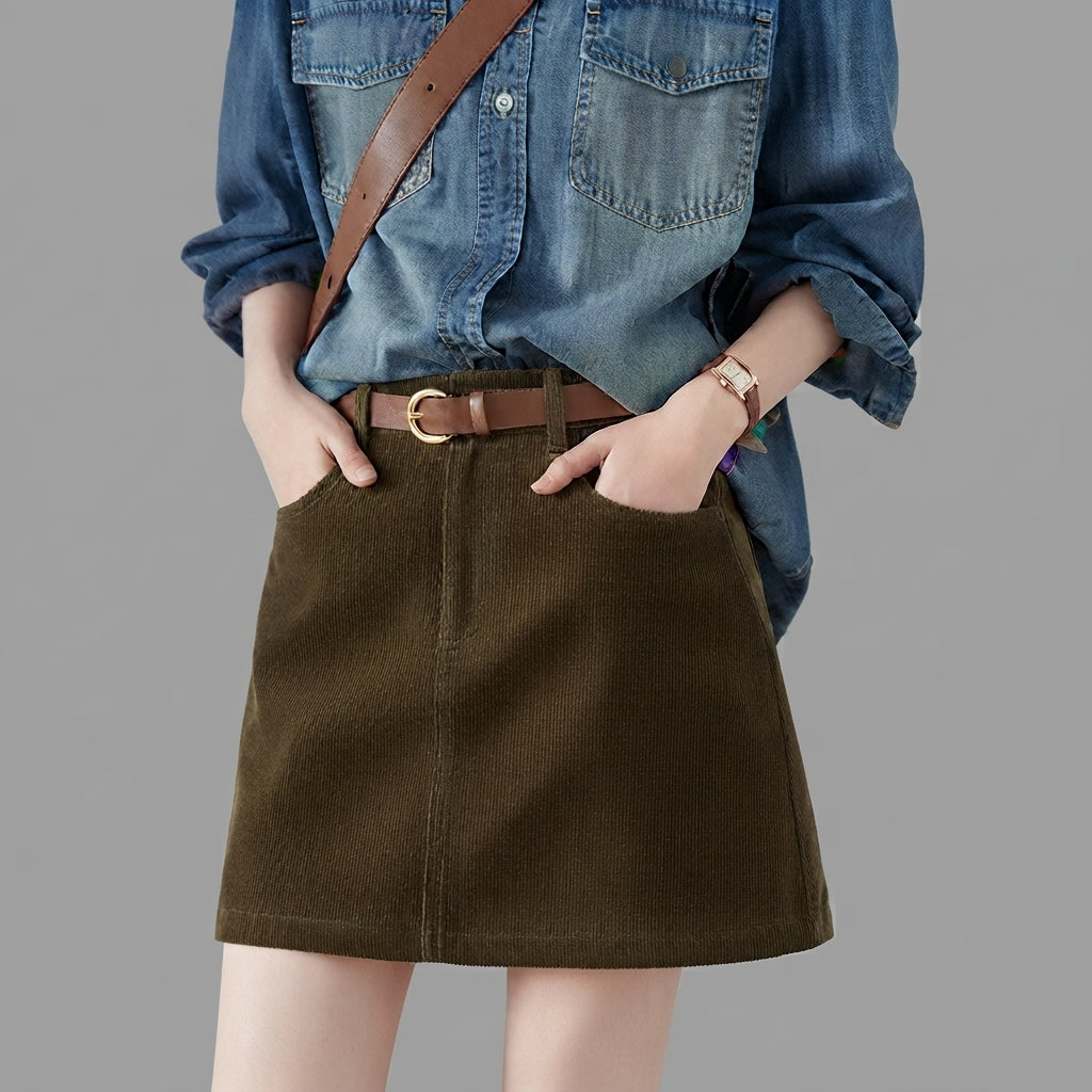 Clara Women's Dark Brown Corduroy A-Line Mini Skirt with High-Waist Design and Side Pockets