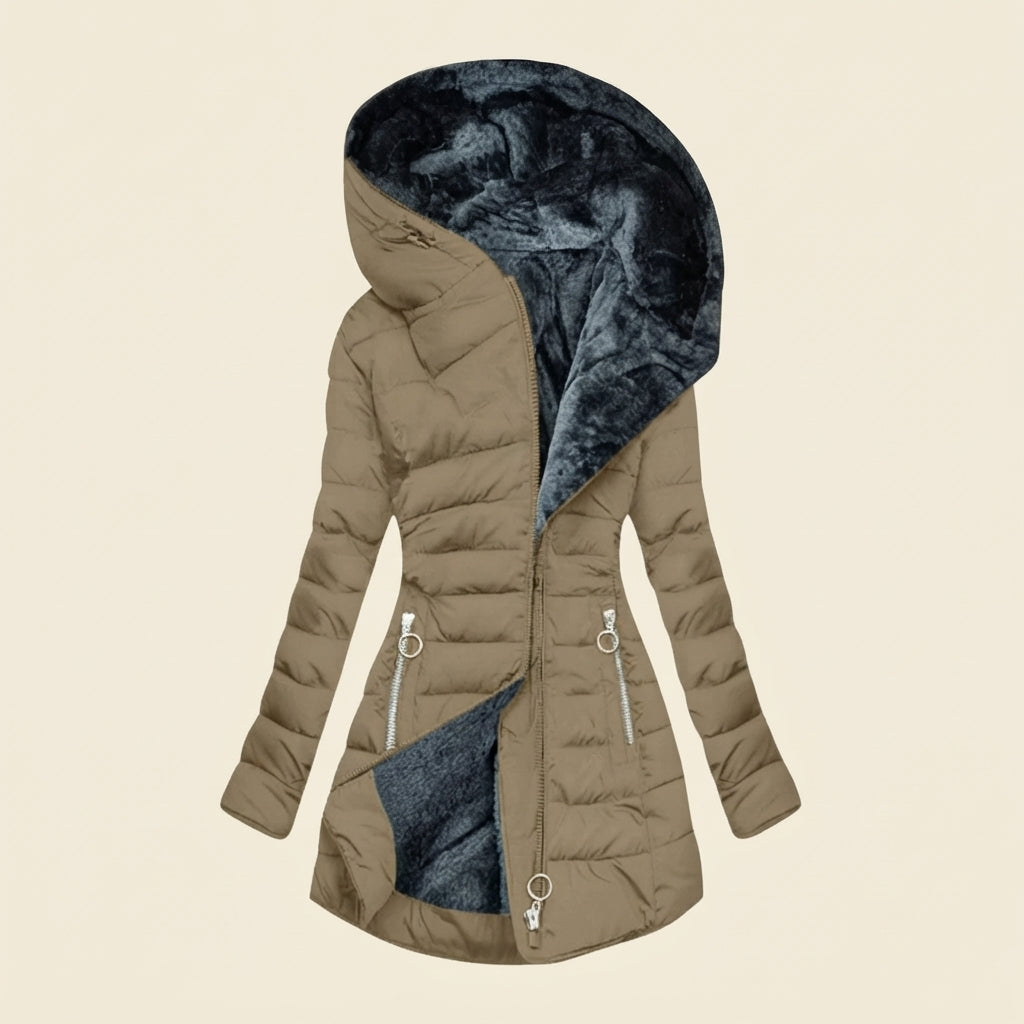 Front view showcasing the Clara puffer jacket in beige, featuring a cozy faux-fur-lined hood, quilted body, full-zip front closure, long sleeves, and a warm, comfortable silhouette.