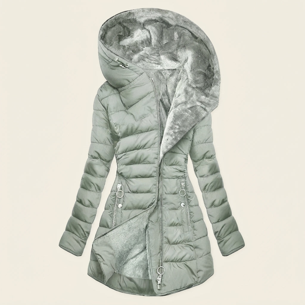 Front view showcasing the Clara puffer jacket in light gray, featuring a cozy faux-fur-lined hood, quilted body, full-zip front closure, long sleeves, and a warm, comfortable silhouette.