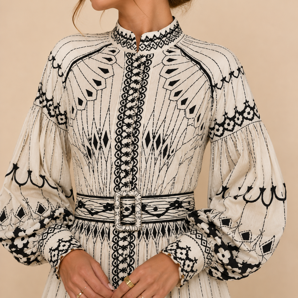 Cordelia geometric-print belted midi dress, close-up detail view, designed by Bella Hudson