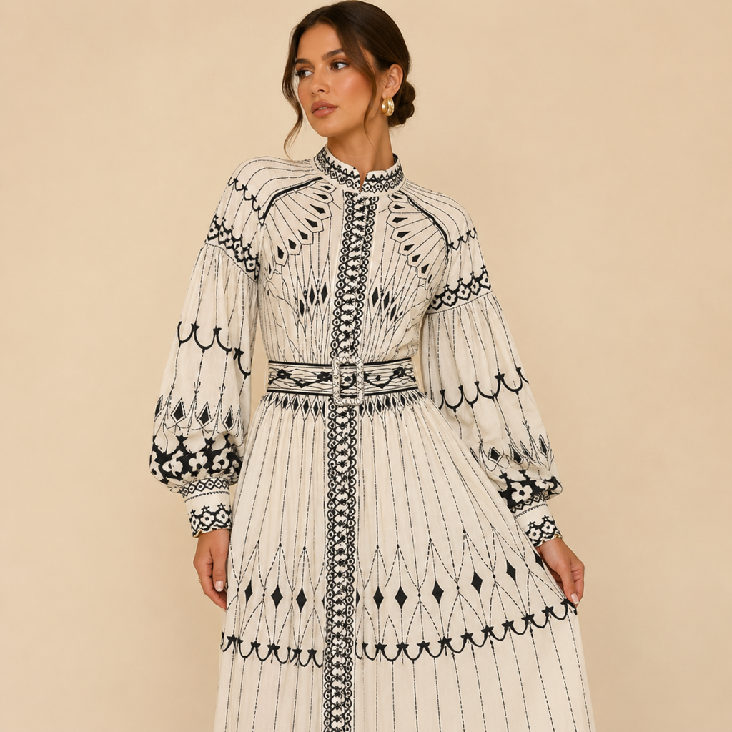 Cordelia geometric-print belted midi dress with long sleeves, front view, designed by Bella Hudson