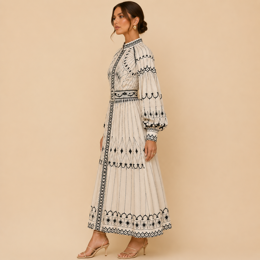 Cordelia geometric-print belted midi dress with long sleeves, side view, designed by Bella Hudson